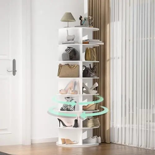 Produktbild: HIZH Drehbarer Schuhschrank mit 7 Ebenen, 360° drehbar, Große Kapazität Vitrine für 21 Paar Schuhe，Φ 60cm*160cm， Weiß