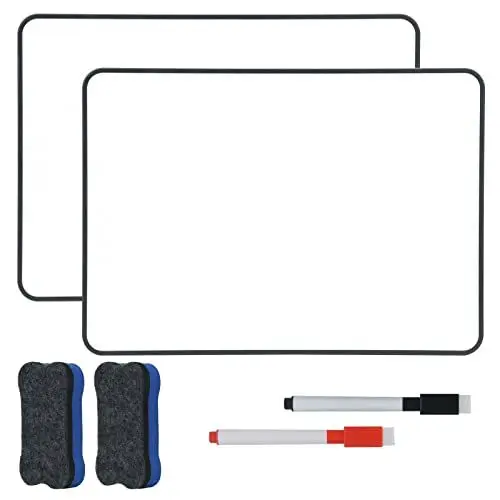 Produktbild: Hiziwimi 2Pcs 30X21cm Weiße Tafel Trocken Abwischbares Mini Whiteboards, A4 Doppelseitige Weiße Tafel mit Schwarzem Rahmen mit 2× Marker und 2× Board Radierer, Whiteboard für Schule, Büro, Haus