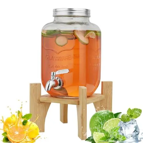 Produktbild: Hiziwimi 4L Getränkespender mit Ständer, Getränkespender aus Glas mit Zapfhahn aus massivem Edelstahl (4L-Glas mit Ständer aus Bambus)