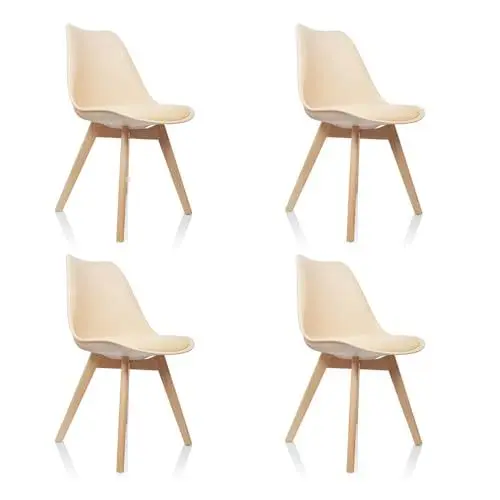 Produktbild: hjh OFFICE 4er Set Esszimmerstühle Scandi Massivholz Beine Buche, Stuhl Küchenstuhl gepolstert im Retro-Design, Kunststoff Beige 661012