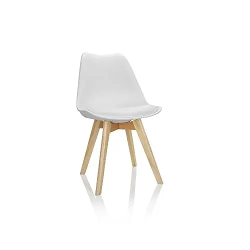 Produktbild: hjh OFFICE 4er Set Esszimmerstühle Scandi Massivholz Beine Buche, Stuhl Küchenstuhl gepolstert im Retro-Design, Kunststoff Weiß 661009