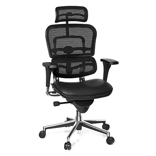 Produktbild: hjh OFFICE 652986 Chefsessel mit Kopfstütze ERGOHUMAN Base ONE ergonomischer Bürostuhl mit Vollausstattung, Originales Design, Leder/Netz Schwarz