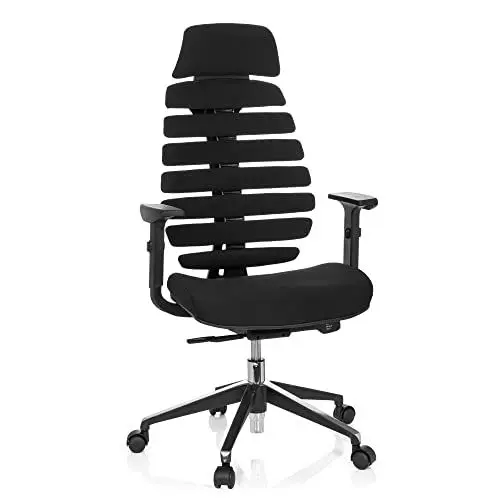 Produktbild: hjh OFFICE Profi Bürostuhl ergonomisch Ergo LINE II PRO Stoff Schwarz, Drehstuhl mit Kopfstütze, höhenverstellbare Armlehnen, Schwarz