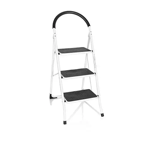 Produktbild: hjh OFFICE 801201 Klappleiter 3 Stufen SOLID W2 Stahl Trittleiter klappbar bis 150kg belastbar, Klappsicherung, Weiß/Schwarz