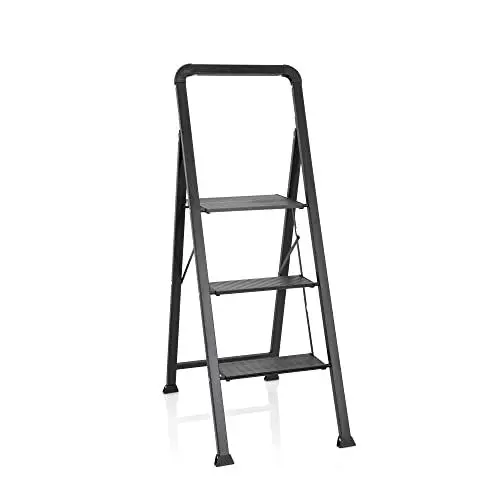 Produktbild: hjh OFFICE Klappleiter 3 Stufen SOLID W6 Aluminium Trittleiter, bis 150 kg belastbar, Tritt klappbar, Schwarz, 801206