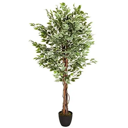 Produktbild: hjh OFFICE Kunstpflanze FICUS Benjamini Höhe 165 cm Grün/Weiß 1008 Blätter Deko Zimmerpflanze Birkenfeige künstlich, 871000