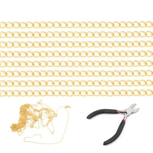 Produktbild: HJIAMA 10 Meter Ketten Basteln Gliederkette Meterware, Ketten selber Machen Set, 3×4 mm Gliederkette Gold mit Zangenzubehör, zum Reparieren und Selbermachen Armbändern, Halsketten, Schmuck
