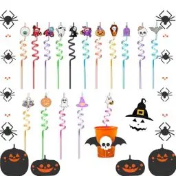 Produktbild: HJIAMA 16 Stück Halloween Strohhalme, Strohhalme plastik, 8 Farben, Cocktail Strohhalme mit Muster, Wiederverwendbar, Geeignet für Familienfeiern, Getränkeläden, Halloween-Partys