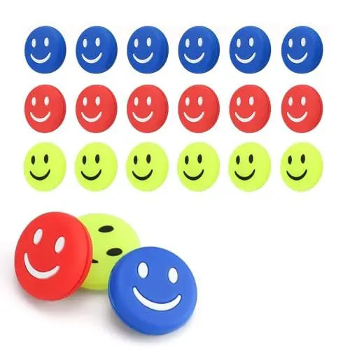 Produktbild: HJIAMA 18 Stück Tennisschläger Dämpfer, Silikon Vibrationsdämpfer mit Smiley-Gesicht, 3 Farben (Blau, Grün, Rot), Stoßdämpfer für Tennisschläger, Ideal für das Training und Wettkampf