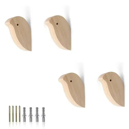 Produktbild: HJIAMA 4 Stück Kleiderhaken Holz, Vogelförmige Garderobenhaken Holz, Holzhaken mit Befestigungsschrauben, Tragfähigkeit, Wandhaken Holz zum Aufhängen Kleidung Taschen Handtüchern