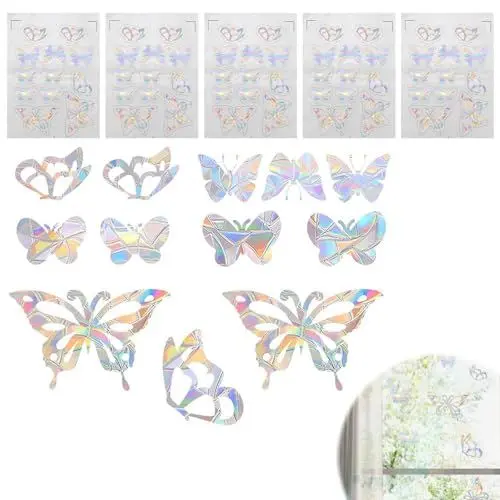 Produktbild: HJIAMA 5 Blatt 60 Stück Fenster Sticker, Schmetterlingsform Vogelschutz Aufkleber für Fenster, Prisma Fensteraufkleber Prismenreflexion, Fensterbilder zur Dekoration, Schutz von Fenstern Glastüren