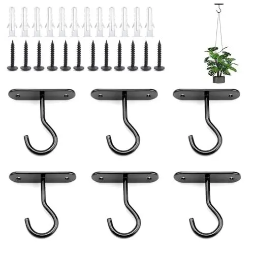 Produktbild: HJIAMA Pflanzen Haken, 6 Set Schraubhaken Schwarz, Hängepflanzen Deckenhaken Schwerlast, Wandhaken Metall, Pflanzenhaken mit Schrauben pour Aufhängen Laternen, Windspielen, Pflanzkörben
