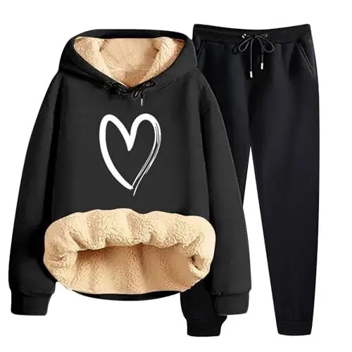 Produktbild: Hkdjaess Damen Jogginganzug Zweiteiler Outfit 2 Stück Streatwear Mode Sportlicher Set Fitnessanzug Modern Outfit Warm Outfits Sweatanzug Sweatshirt Mit Kapuze und Sweatpants Anzug Sweatsuit