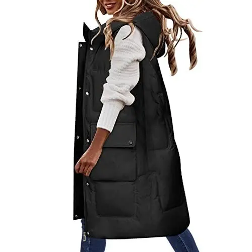 Produktbild: Hkdjaess Westen Damen Herbst Lang Locker Windbreaker Frauen Steppweste Daunenmantel Klassisch Oversize Warm Wintermatel Sportweste Sportlich Winddicht Hooded Longweste Langmantel
