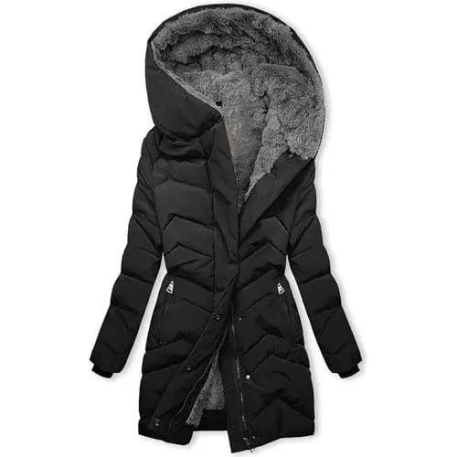 Produktbild: Wintermantel Damen Modische und lässige Kapuzenjacke aus Samt und Baumwolle mit einfarbigem Reißverschluss und für Damen Wollmantel Damen Winter Winterparka Damen Warm (Black, M)