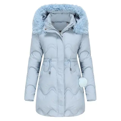 Produktbild: Hkdjaess Winterparka Damen Lang Warm Gefüttert Windbreaker Warme Dicke Fleecejacke Daunenjacke übergang Sport Winter übergangsjacke Jacken Große Größen Winddicht Kuschelig Outdoorjacke(Hellblau,M)