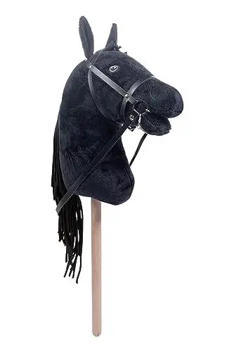 Produktbild: HKM Hobby Horse Bobby – Steckenpferd schwarz, abnehmbare Trense & Lange Mähne, 40 cm Holzstiel – für Hobby Horsing Dressur & Parcours