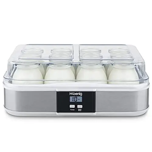 Produktbild: H.Koenig Joghurtbereiter ELY120, Kapazität 12 x 160 ml, Programmierbar, LCD-Display, Edelstahlgehäuse, BPA-frei, Spülmaschinenfest, Automatische Abschaltung, 21,5 Watt Leistung