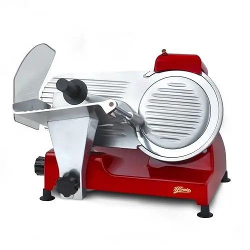Produktbild: H.Koenig Elektrischer Aufschnittmaschine MSX224, professionell, präzise, Schnittstärke 0-12 mm, italienische Klinge 20 cm, integrierter Messerschärfer, breite Platte, 282 U/min, rot