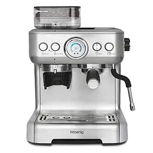 Produktbild: H.Koenig Espressomaschine mit Mahlwerk EXPRO980, 2,7 l, 250 g, Körnungsbehälter, 15 Mahlgrößen, italienische Pumpe, individuell anpassbare Dosierung für 1 oder 2 Tassen, Druck 20 bar, Vollautomat Metall