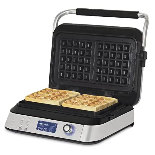 Produktbild: H.Koenig GFX800 Waffeleisen 12 x 12,5 cm, Antihaftbeschichtung, 5 Programme, Regenrinne mit Überlaufschutz, LCD-Display, 7 Bräunungsstufen, 1600 W, Edelstahl und Schwarz