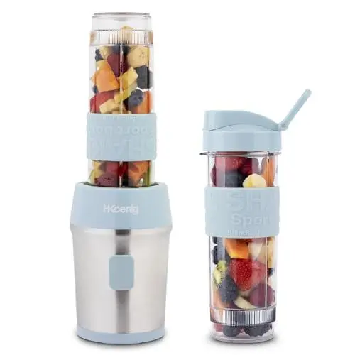 Produktbild: H.Koenig Mini Smoothie Maker Standmixer, Blender elektrisch, Transportabel Kompakt 570mL SMOO16 BPA-frei Leistungsstarke 300W, Smoothie Mixer 2 tragbare Flaschen, Edelstahlklingen, Pastellblau