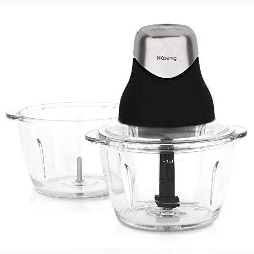 Produktbild: H.Koenig Multi-Zerkleinerer LEO9 für Gemüse, Zwiebeln und Nüsse, elektrisch, Edelstahlklingen, 1x Glasschale, einfache Handhabung, Deckel für Frischehaltung,Schwarz