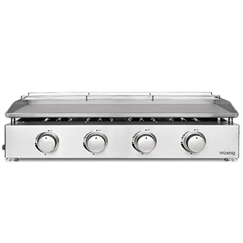 Produktbild: H.Koenig Plancha PLX940 Gasbrenner, 4 U-Brenner, Edelstahl, Stromversorgung mit Propan- oder Butangas, gleichmäßige Wärmeverteilung, einstellbare Temperatur bis 350 °C, rutschfeste Füße