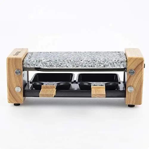 Produktbild: H.Koenig Raclettegerät Duo Multifunktion 2 Personen WOD2 Naturholzdesign, Herausnehmbarer Granitstein, Professionelles Käsefondue Raclette, 2 antihaftbeschichtete Pfännchen, 2 Holzspachteln