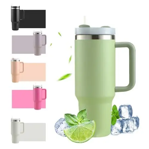 Produktbild: HLDGCX 40oz Thermobecher mit Strohhalm und Henkel, 1200ml Kaffeebecher To Go, Doppelwandiger Edelstahl Vakuum Isolierbecher mit Deckel, Tragbarer Autobecher für Heißer & Kalter Getränke - Grün