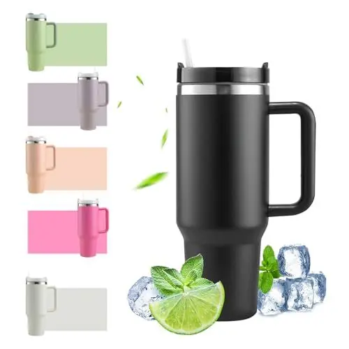 Produktbild: HLDGCX 40oz Thermobecher mit Strohhalm und Henkel, 1200ml Kaffeebecher To Go, Doppelwandiger Edelstahl Vakuum Isolierbecher mit Deckel, Tragbarer Autobecher für Heißer & Kalter Getränke - Schwarz