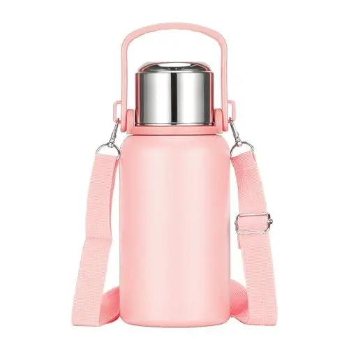 Produktbild: HLDGCX Thermosflasche 1L - Thermoskanne mit Becher, Doppelwand aus Edelstahl Isolierflasche mit Robuster Griff & Tragegurt - Hält 24 Stunden heiß/Kalt, 100% Auslaufsicher, BPA-Frei - Rosa
