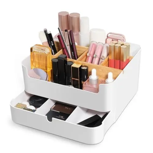 Produktbild: hleo® Make Up Organizer, Schminke Aufbewahrung, Schminkbehälter, Hochwertiger Multifunktionaler Bambus Kosmetikbox mit 6 Fächern und 1 Schublade, Anti-Rutsch Aufbewahrungsbox
