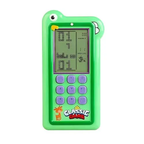 Produktbild: HLF Cartoon-Blockspielkonsole Dualer Spielmodus 23/26 Bricck-Spiel Silikonknöpfe Angetrieben durch wiederaufladbare Lithiumbatterie/AA Retro-Handspielzeug Geschenke für Kinder/Teenager (Green)