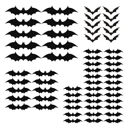 Produktbild: HLIWS 60 Stück Halloween Fledermaus Aufkleber,3D Fledermaus Aufkleber,Halloween Fensteraufkleber,für Zuhause Fenster Dekoration Halloween Party(4 Größen,mit doppelseitigen Aufklebern)