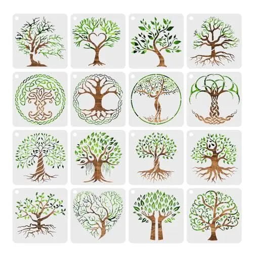 Produktbild: HLIWS Baumschablone-16 Stücke Malen von Baum des Lebens Schablone,Wiederverwendbare zum Malen auf Holz,Leinwand,Wand,Möbel Handwerk,Scrapbooking