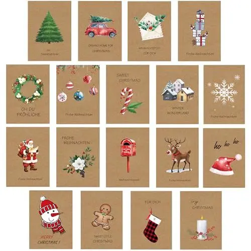 Produktbild: HLLMploy Weihnachtskarten mit Umschlag Set (20 Stück) - Postkarten für Weihnachten - Premium Klappkarten inklusive Briefumschlag aus Kraftpapier - für die Familie Schönsten Weihnachtsgrüße