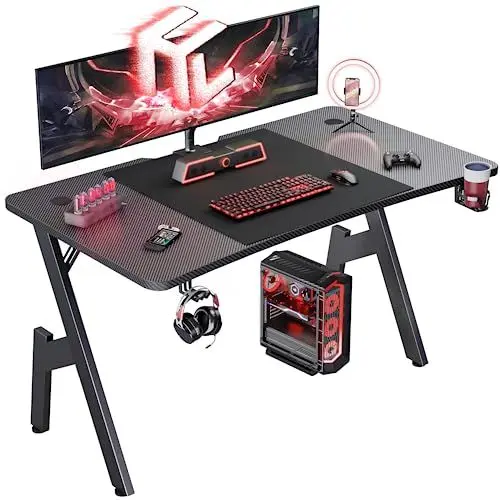 Produktbild: HLONONE Gaming Tisch 120 x 60 cm, Gaming Schreibtisch, Stabiler PC Schreibtisch mit Kohlefaserbeschichtung, Ergonomischer Computertisch mit Kopfhörerhaken und Getränkehalter, Schwarz