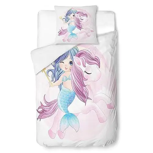 Produktbild: HLWDXno1 Meerjungfrau Bettwäsche 135x200 Mädchen Einhorn Bettbezug und 80x80cm Kissenbezug Microfaser Kinder Bettwäsche-Set Mädchen Zimmer Deko Teenager Kinderbettwäsche mit Reißverschlus