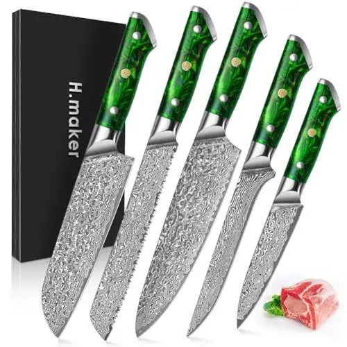 Produktbild: H.maker Premium Damast Messerset 5PCS- Damaststahl 12-20 cm Küchenmesser Set- 67 Schichten Damast Fleischmesser Scharfes Allzweckmesser Set mit Grün Ergonomischer Griff