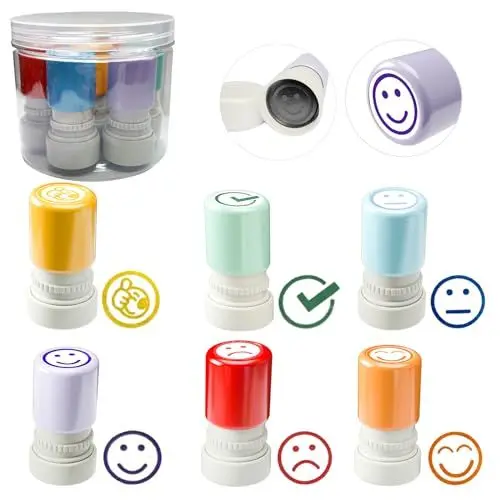 Produktbild: Hmfmdy 6 Stück Selbstfärbender Stempel, Lehrer Bewertung Belohnung Motivation Briefmarken, Bunte Cartoon Stempel, Niedliches Cartoon Kinder Stempel, Lob Siegel Ermutigung, Belohnungsstempel Set