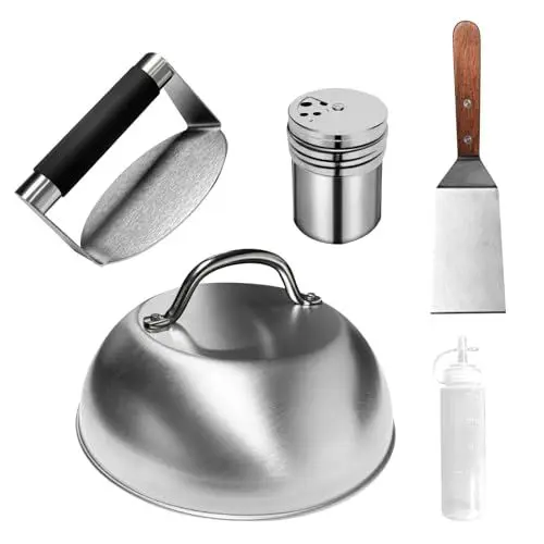 Produktbild: Hmfmdy Burgerpresse, Smash Burger Set, Metall-Burger-Spatel, Burger-Kuppel, Gewürzstreuer, Wachsscheibenpapier, Quetschflaschen, Flat-Top-Grill-Zubehör, Burgerpresse Edelstahl, Kochutensilien-Set