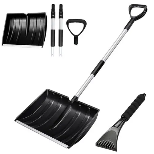 Produktbild: Hmfmdy Schneeschaufel, Große Kapazität Schneeschieber mit ergonomischem Griff, leichtes tragbares abnehmbares Schneeräumwerkzeug für Garten, Camping, Outdoor, Notfall, Schneemannspielen – Schwarz