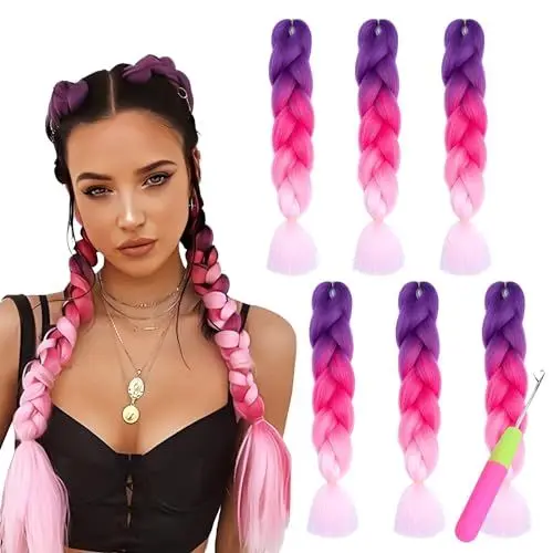 Produktbild: HMIEPRS 6 Stück Jumbo Braid Kunsthaar, Ombre Kunsthaar zum Einflechten, 24 Zoll Synthetische Haarverlängerungen, Haar Braids Extension Für Crochet Twist Flechten (Lila+Pfirsich+Rosa)