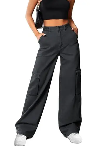 Produktbild: HMIYA Cargohose Damen Baggy Y2K High Waist Cargo Hose Weite Baumwolle Jogginghose Lang Freizeithose mit Taschen(Dunkelgrau A,M)