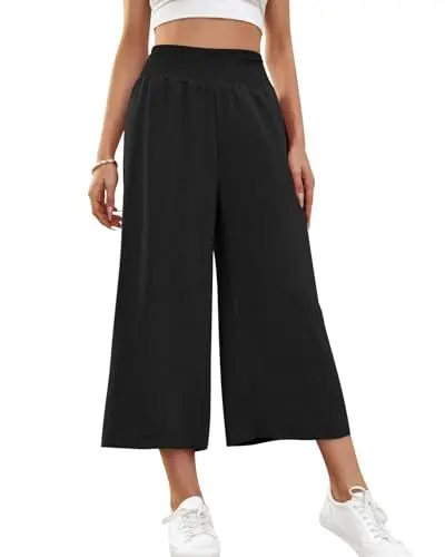 Produktbild: HMIYA Damen 3/4 Culotte Hose Leichte Weites Bein Sommerhose,Schwarze,S