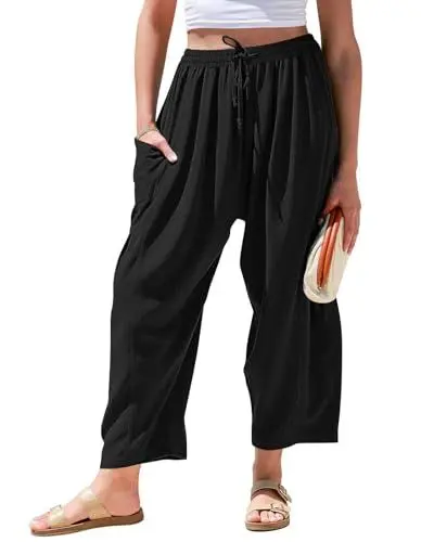 Produktbild: HMIYA Damen Leinenhose 3/4 Sommer Culotte Leichte Casual Leinen Hose Weites Bein Sommerhose mit Tasche,Schwarze,M