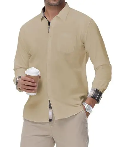 Produktbild: HMIYA Herren Baumwolle Hemd Langarm Stretch Herrenhemd Karokragen Regular Fit Businesshemd Bügelleichtes Freizeithemd,Beige,L