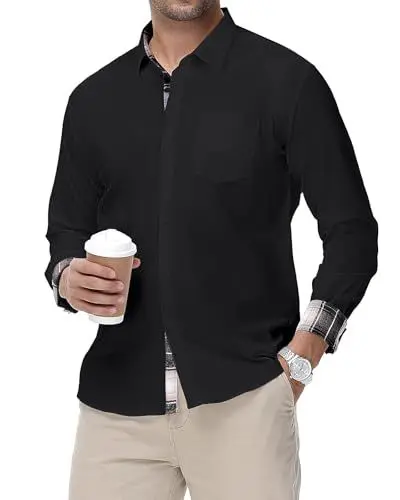 Produktbild: HMIYA Herren Baumwolle Hemd Langarm Stretch Herrenhemd Karokragen Regular Fit Businesshemd Bügelleichtes Freizeithemd,Schwarz,L