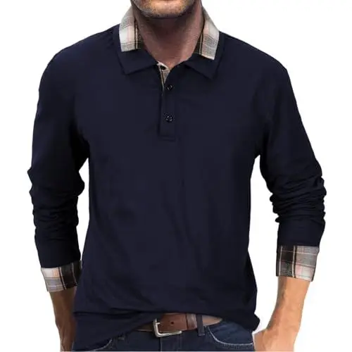 Produktbild: HMIYA Herren Poloshirt-Langarm Karierter Kragen Poloshirt aus Baumwolle atmungsaktiv Golf Casual T-Shirt,Navy,XXL